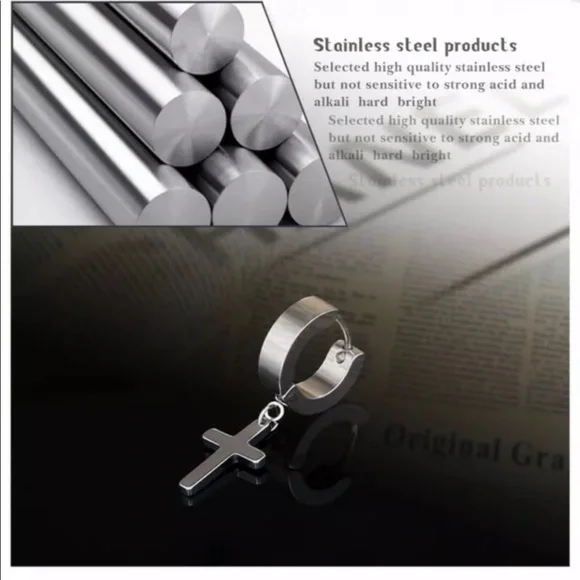 New 1 Piece  Punk Stainless Steel Cross Earrings Ear Stud Hoop Street Hip Hop - Picture 3 of 4